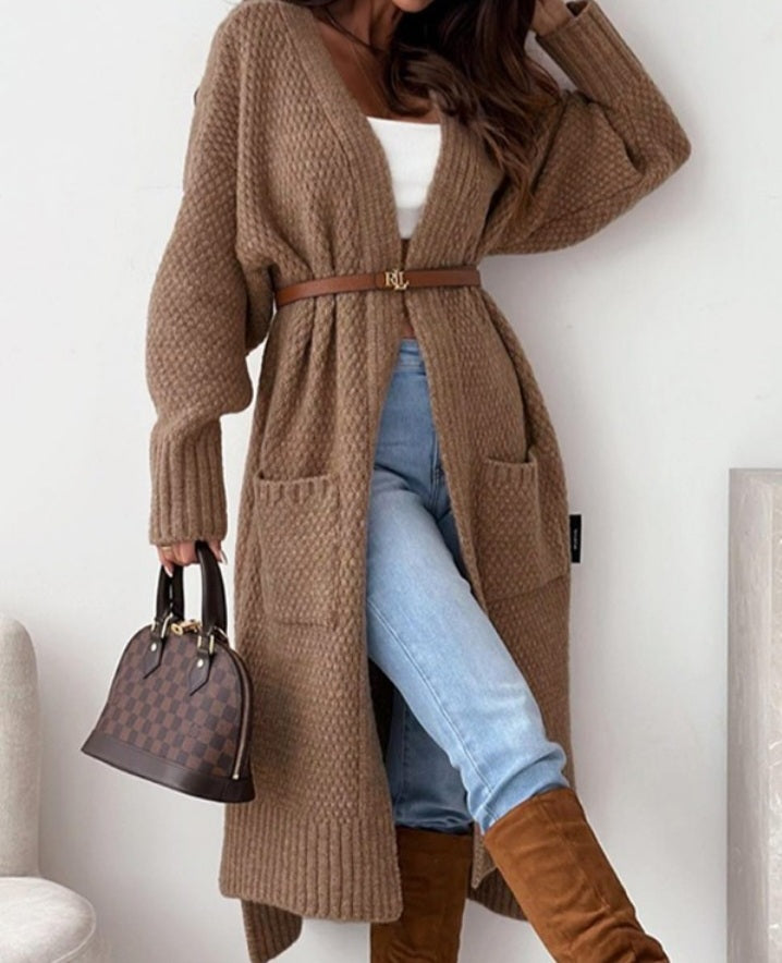 Long open cardigan with front pocket