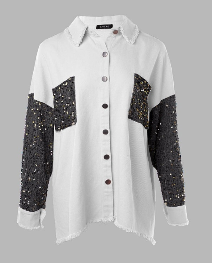 Premièrement : Apportez une touche d’éclat à votre look avec cette Veste décontractée à paillettes et patchwork à manches longues avec bouton sur le devant et ourlet brut femme 