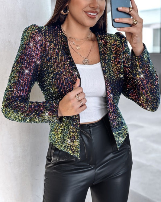 Premièrement : Brillez avec ce Manteau blazer à paillettes scintillantes, ouvert sur le devant , manches bouffantes femme.