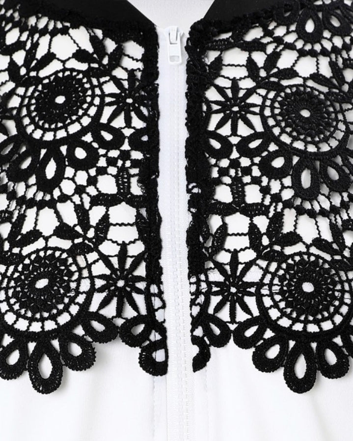 Premièrement : Apportez une touche de sophistication et d’élégance à votre garde-robe avec ce Manteau à manches longues et fermeture à glissière en dentelle guipure femme.