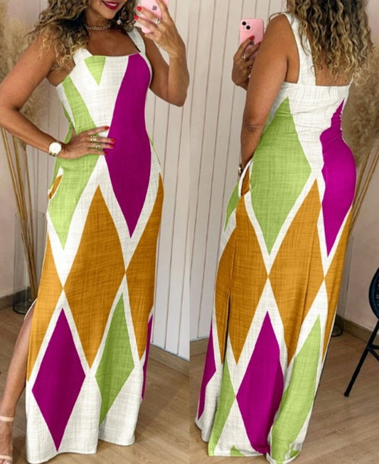 Premièrement : Cette Robe longue décontractée à.bretelles épaisses et imprimé géométrique, coupe ajustée, et fendue , avec poches Femme.