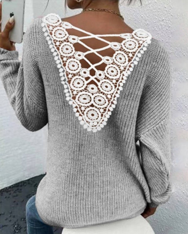 Contrast lace V-neck crossover knit sweater