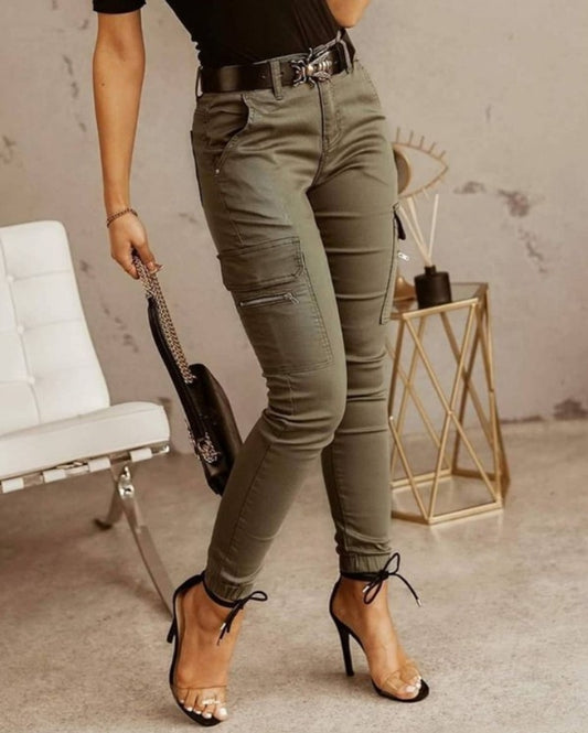 Premièrement : Ce Pantalon décontracté à poches zippée sans ceinture Femme .