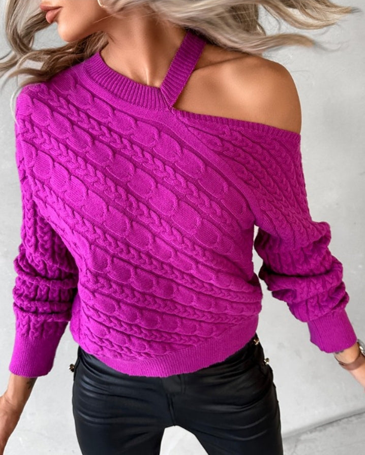 Long sleeve off-the-shoulder cable knit sweater
