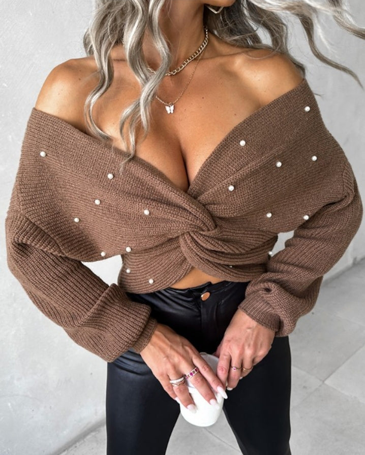 Long Sleeve V-Neck Beaded Cable Knit Sweater