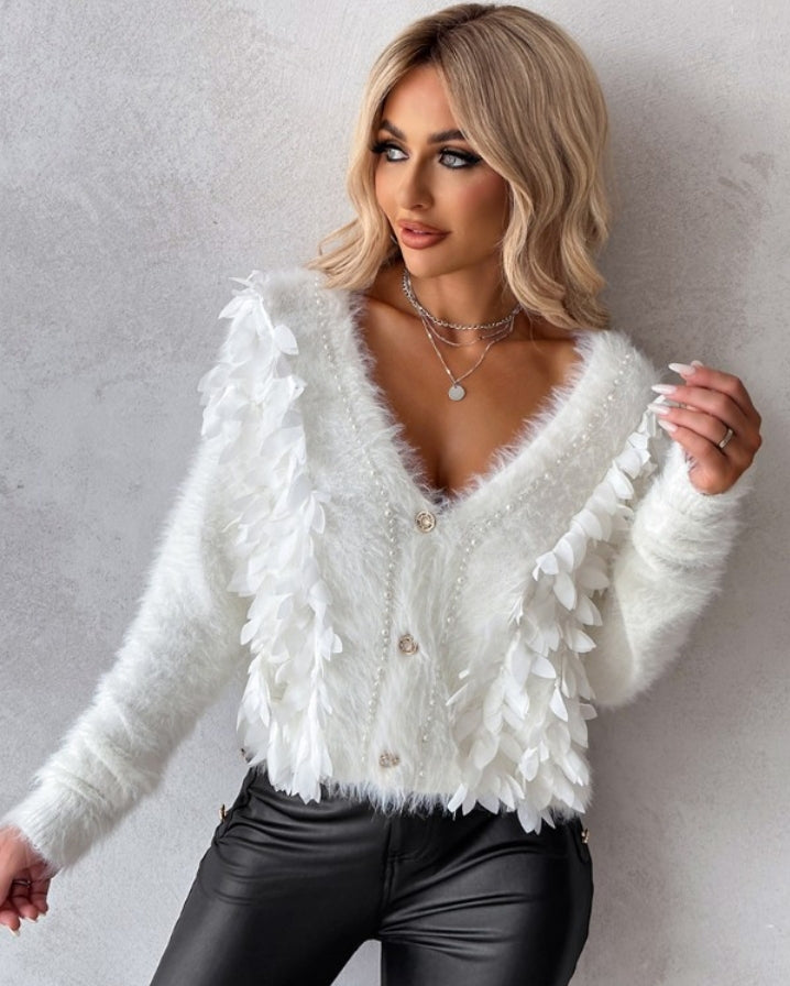 Floral and Pearl Pattern Fluffy Knit Cardigan