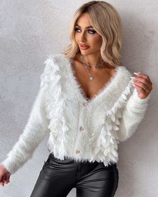 Floral and Pearl Pattern Fluffy Knit Cardigan