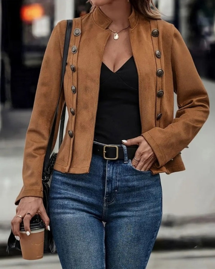 Premièrement : Adoptez un look chic et raffiné avec cette Veste à col montant en imitation daim , manteau décontracté ouvert sur le devant avec boutons décoratifs femme 