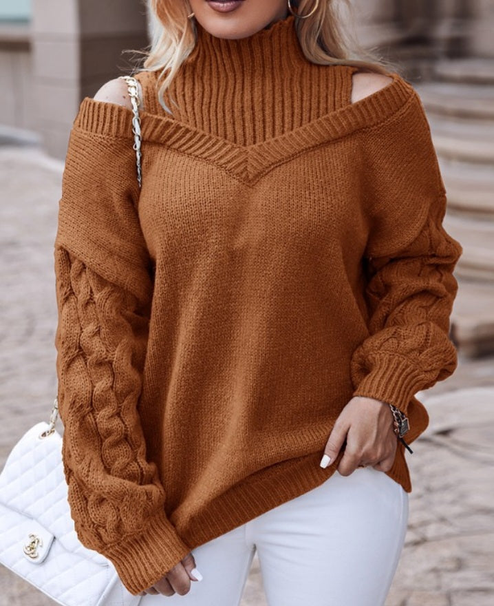 Cable Knit Off-the-Shoulder Lantern Sleeve Sweater