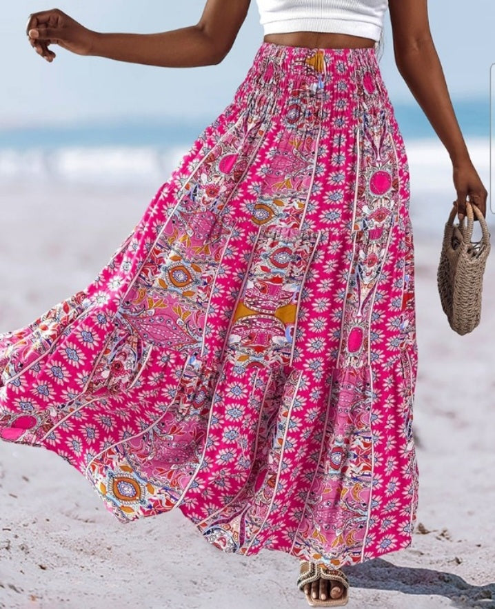 Premièrement : Cette Jupe longues plissées bohème d'été Jupes maxi fluides taille haute en ligne A Femme.