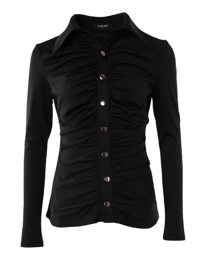 Premièrement : Cette Chemise boutonnée à manches longues et col froncé femme.