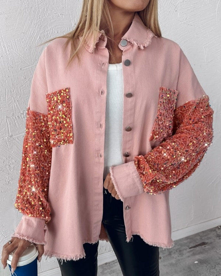 Premièrement : Apportez une touche d’éclat à votre look avec cette Veste décontractée à paillettes et patchwork à manches longues avec bouton sur le devant et ourlet brut femme 