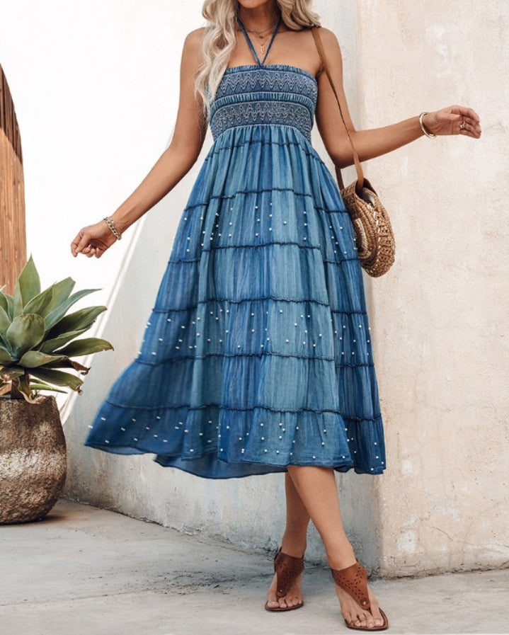 Premièrement : Cette Jupe midi en jean taille haute polyvalente à deux voies avec omements en perles robe longue à épaules dénudées Femme.