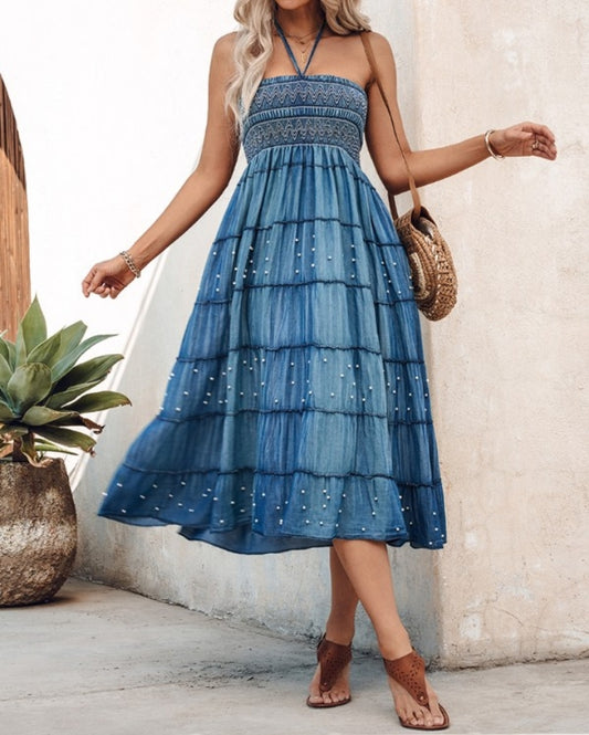 Premièrement : Cette Jupe midi en jean taille haute polyvalente à deux voies avec omements en perles robe longue à épaules dénudées Femme.