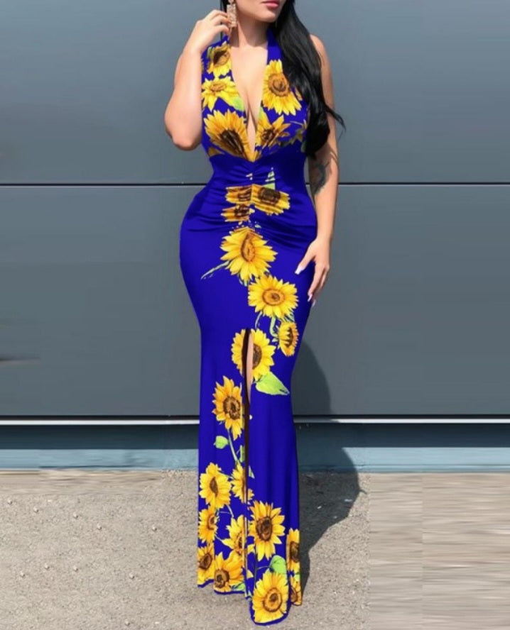 Premièrement : Cette Robe de soirée à fente haute et imprimé tournesol Femme.