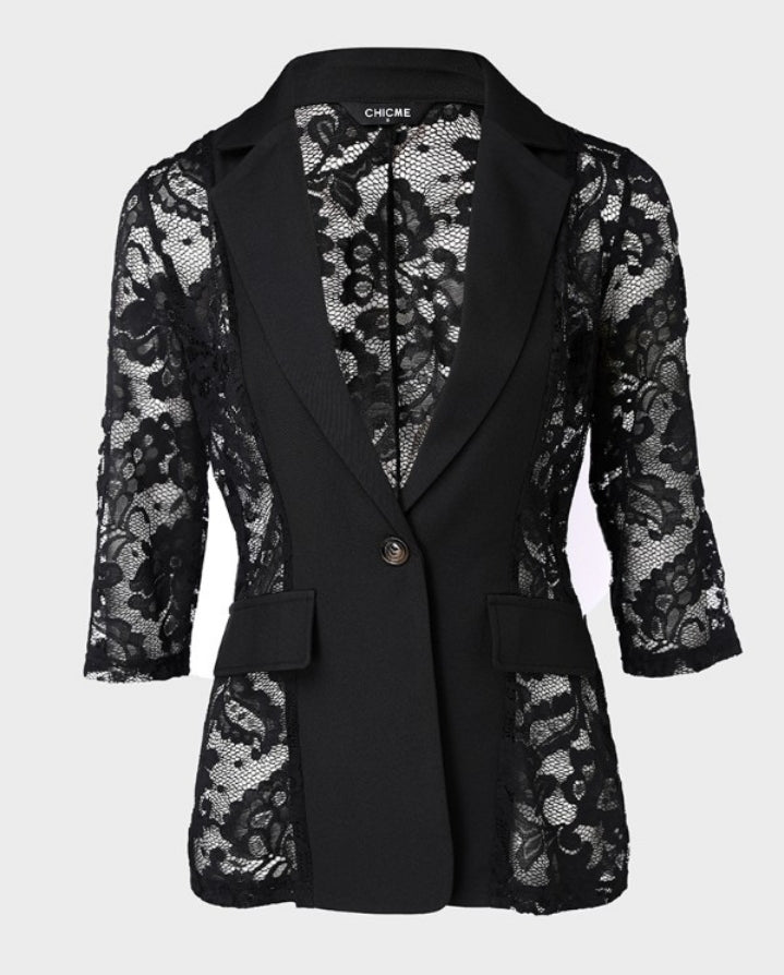 Premièrement : Apportez une touche de raffinement et de modernité à votre look avec ce Manteau blazer transparent avec patch en dentelle et rabat à bouton unique femme.