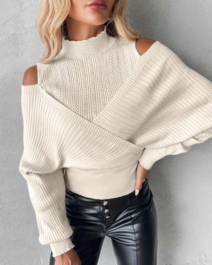 Off-the-shoulder openwork knit sweater with overlap