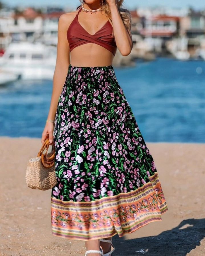 Premièrement : Cette Jupe longues plissées bohème d'été Jupes maxi fluides taille haute en ligne A Femme.