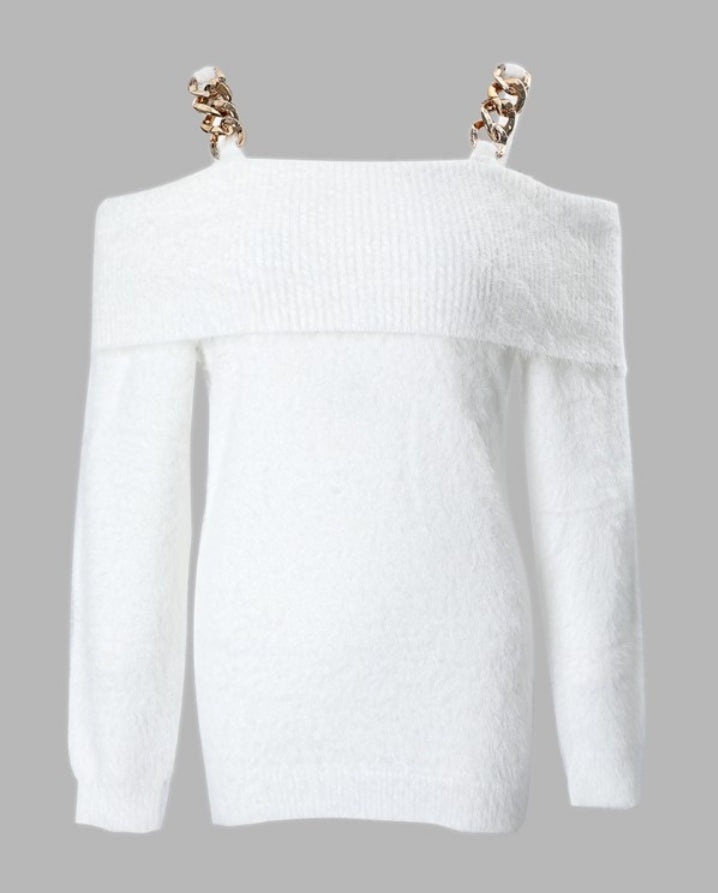 Soft knit sweater with off-the-shoulder and chain decoration