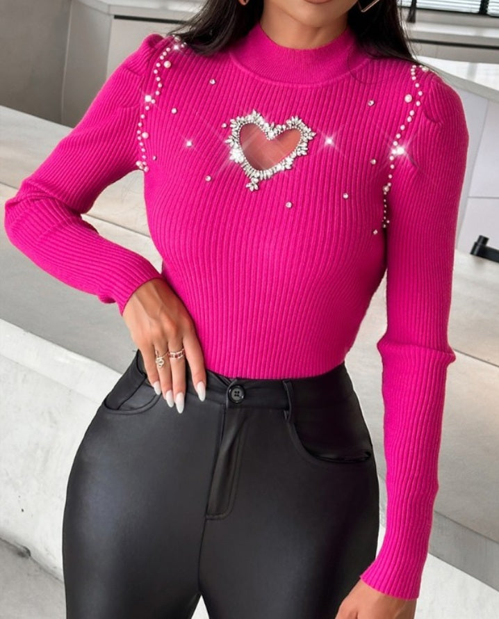 Hollow Heart and Rhinestone Knit Sweater