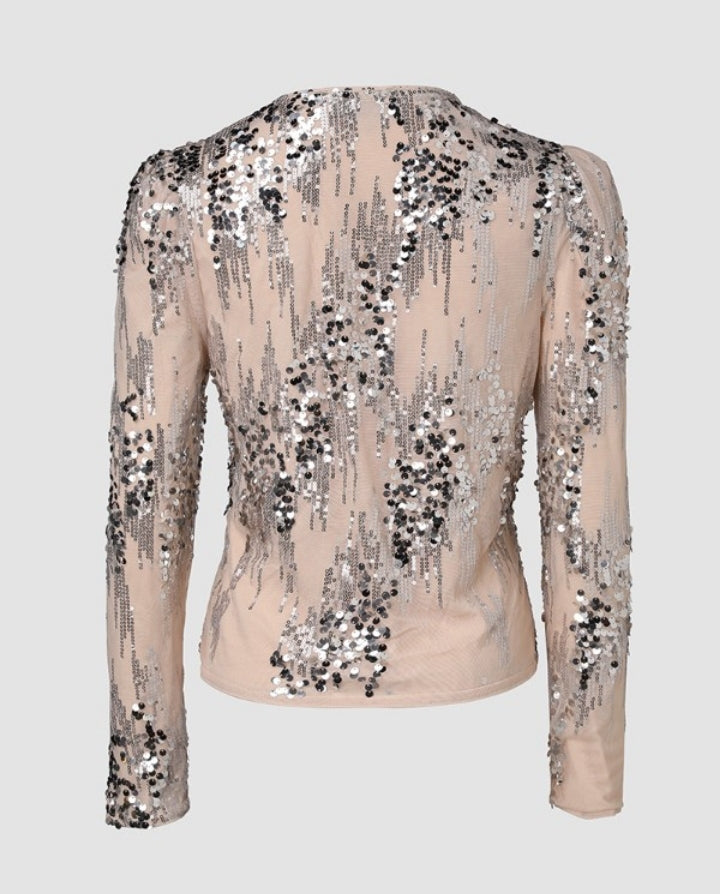 Premièrement : Faites sensation avec ce Manteau à sequins zippé à manches longues et col rond femme.