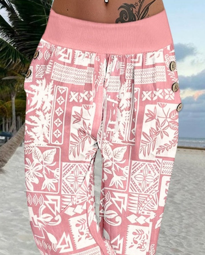 Premièrement : Ce Pantalon capri taille basse à imprimé plante tribales avec boutons décoratifs, pantalon de vacances avec poche femme .