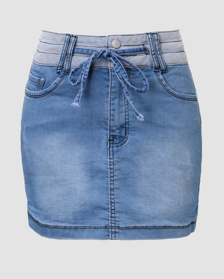 Premièrement : Cette Jupe en jean décontractée à taille réglable avec cordon de serrage Femme.