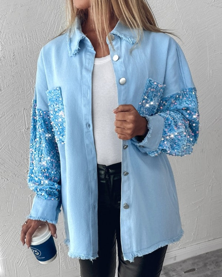 Premièrement : Apportez une touche d’éclat à votre look avec cette Veste décontractée à paillettes et patchwork à manches longues avec bouton sur le devant et ourlet brut femme 