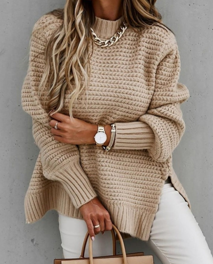 Long Sleeve Split Hem Mock Neck Sweater