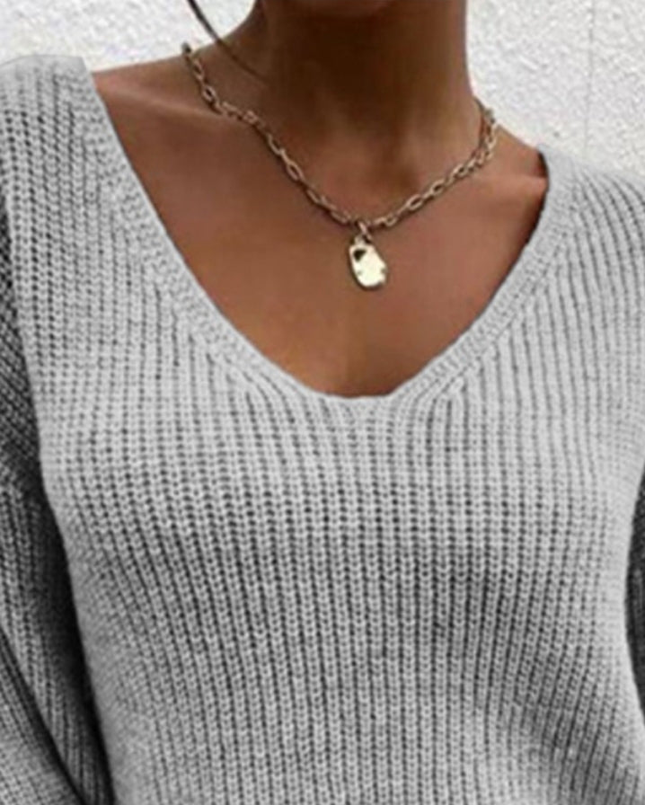 Contrast lace V-neck crossover knit sweater