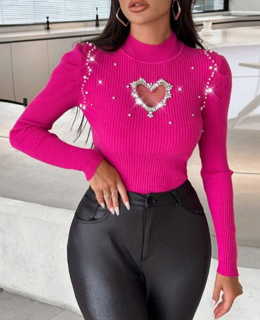 Hollow Heart and Rhinestone Knit Sweater