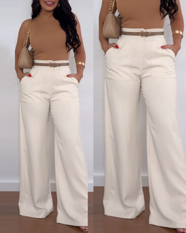 Premièrement : Ce Pantalon évasé taille haute avec poches pantalon décontracté coupe ample Femme.
