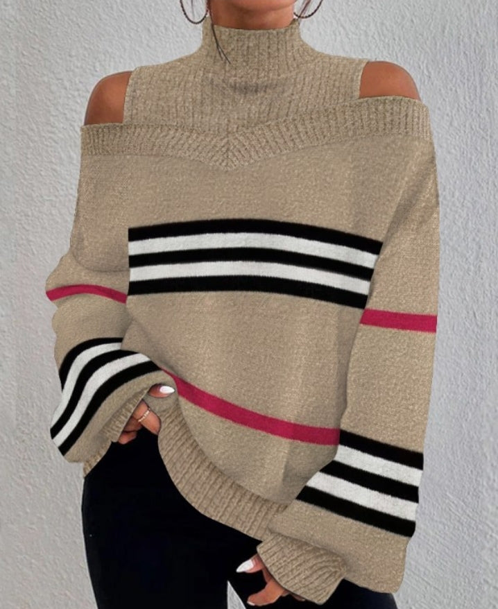 Striped Off-the-shoulder Lantern Sleeve Knit Sweater