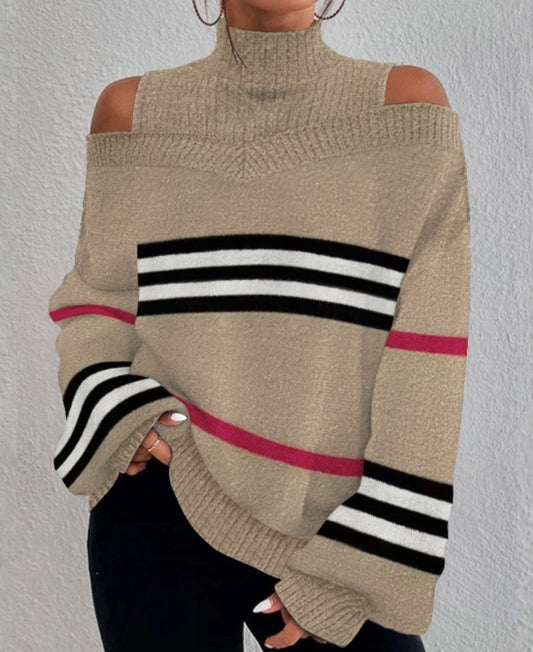 Striped Off-the-shoulder Lantern Sleeve Knit Sweater