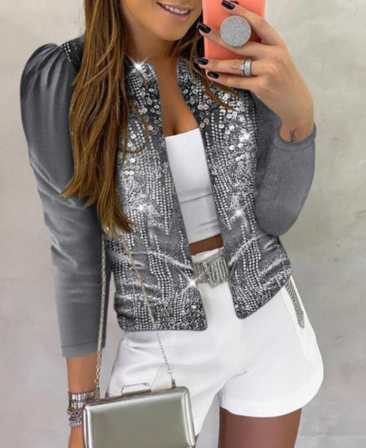 Premièrement : Apportez une touche de luxe et de sophistication à votre garde-robe avec ce Manteau à sequins contrastés en velours ouvert dur le devant à manches bouffantes femme 