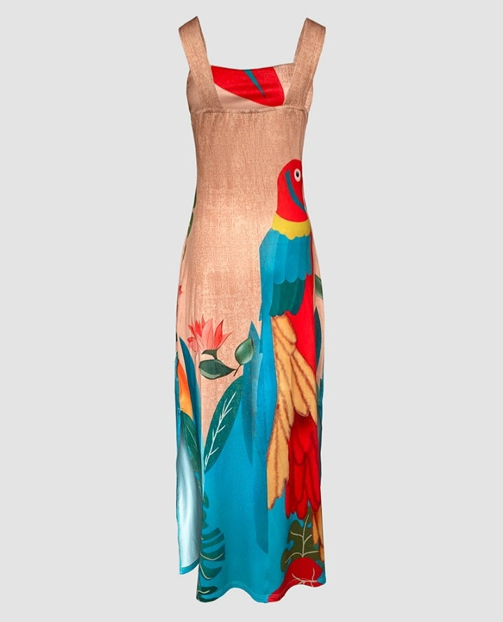 Premièrement : Cette Robe longue, fendue à bretelles épaisses et imprimé floral , coupe ajustée et décontractée , idéale pour les vacances .