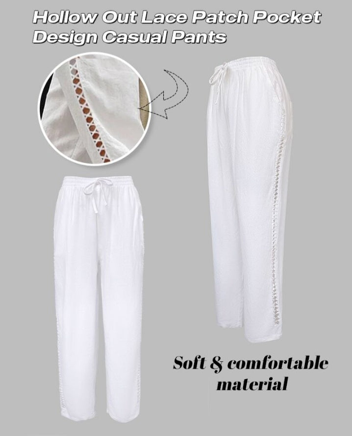 Premièrement : Ce Pantalon décontracté en dentelle à poches plaquée évidée Femme.