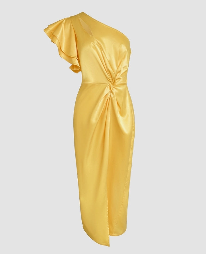 Premièrement : Cette Robe longue décontracté à volants et col asymétrique ajouré femme