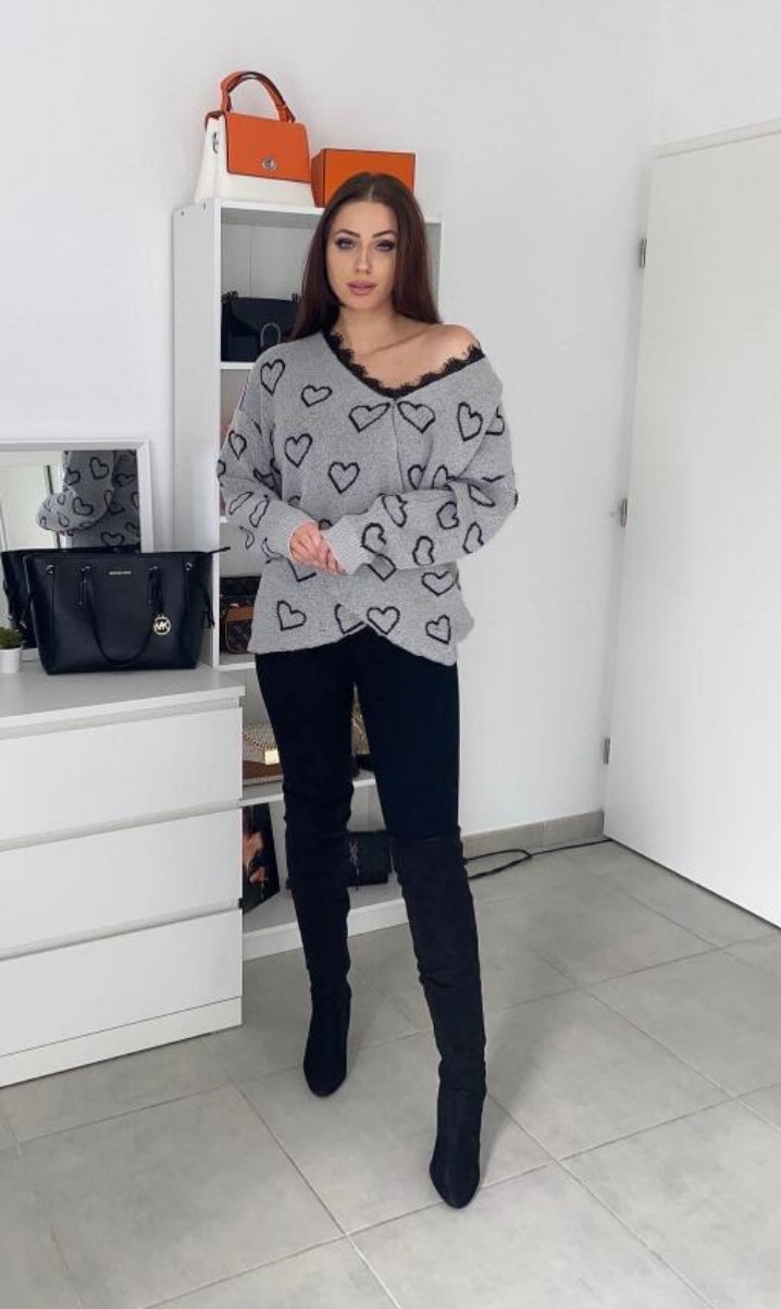 Long-sleeved knit wrap sweater with contrasting lace