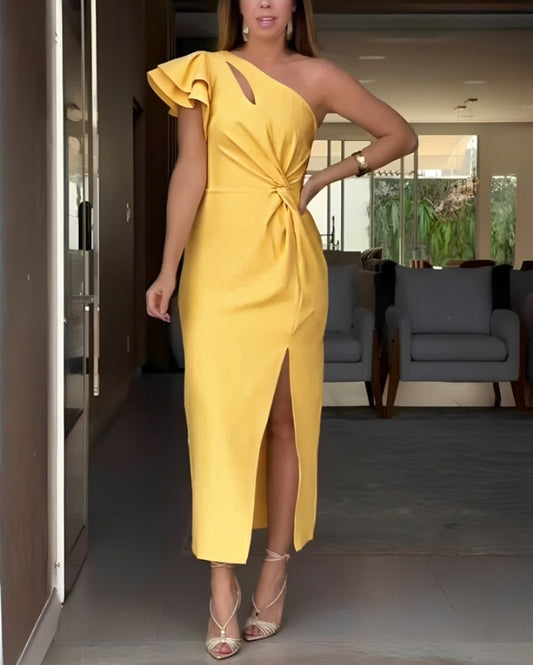 Premièrement : Cette Robe longue décontracté à volants et col asymétrique ajouré femme
