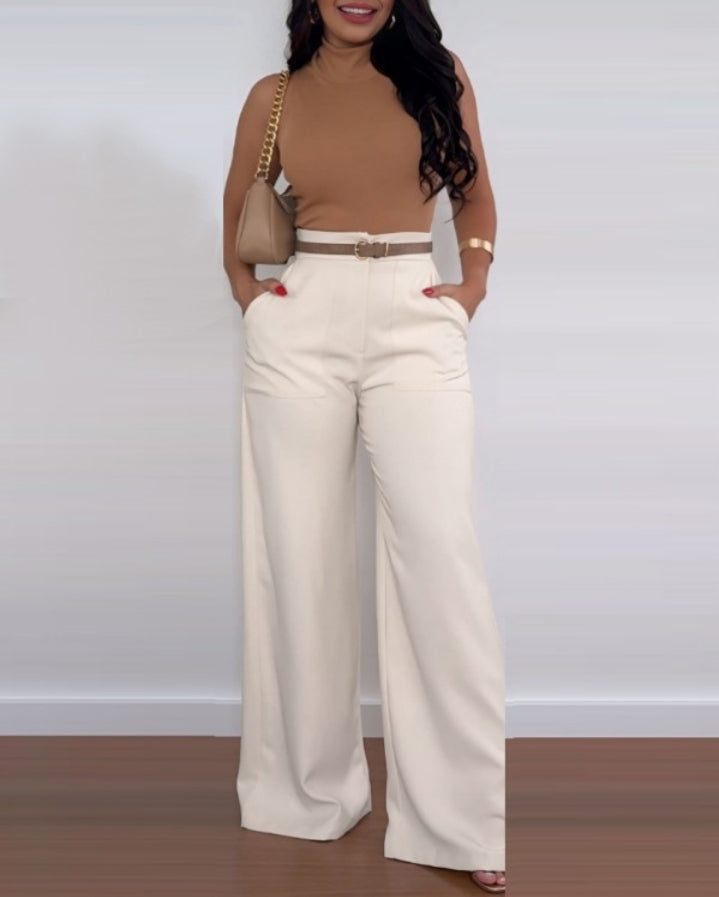 Premièrement : Ce Pantalon évasé taille haute avec poches pantalon décontracté coupe ample Femme.