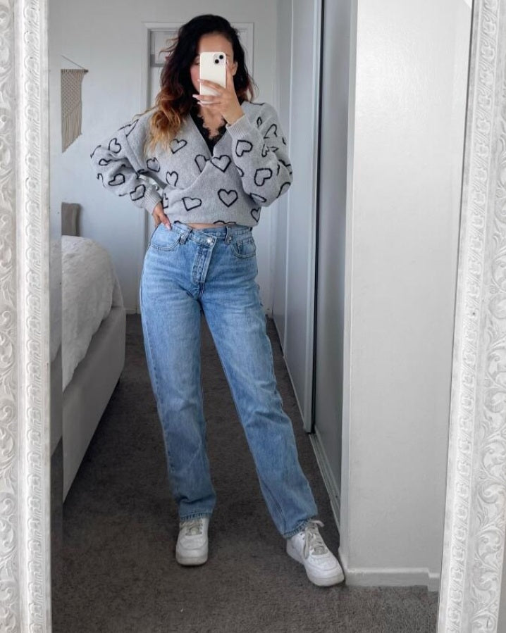 Long-sleeved knit wrap sweater with contrasting lace