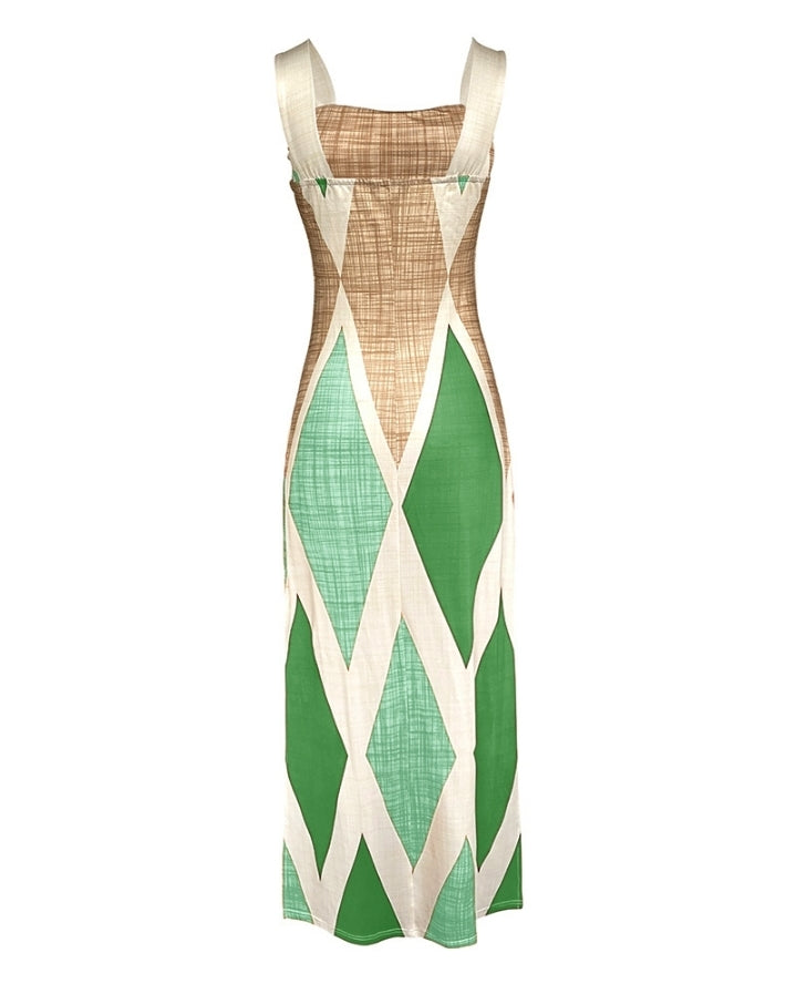 Premièrement : Cette Robe longue décontractée à.bretelles épaisses et imprimé géométrique, coupe ajustée, et fendue , avec poches Femme.