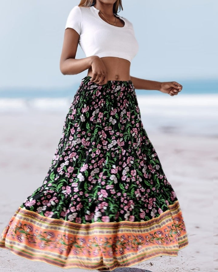 Premièrement : Cette Jupe longues plissées bohème d'été Jupes maxi fluides taille haute en ligne A Femme.