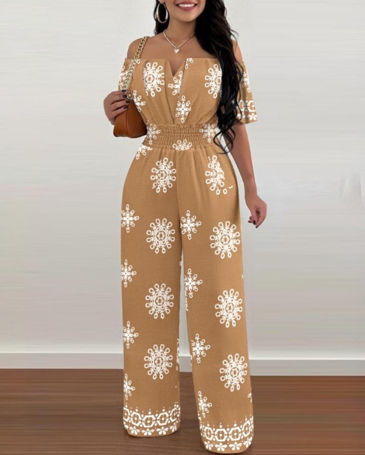 Premièrement : Plongez dans un univers de douceur avec cette Combinaison à imprimé floral à épaules dénudées et manches courtes froncées, taille décontractée, style bohème Femme.