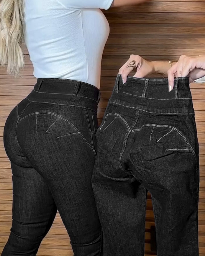 Premièrement : Mettez vos courbes en valeur avec élégance grâce à ce Jean skinny taille haute boutonné sur le devant avec effet rehausseur de fesses , pantalon décontracté femme.