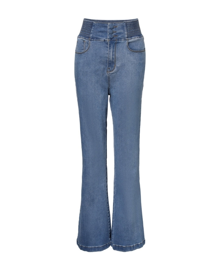 Premièrement : Ce jean taille haute à fronces et boutons sur le devant avec ceinture curveease jegging skinny évasé en demin femme.