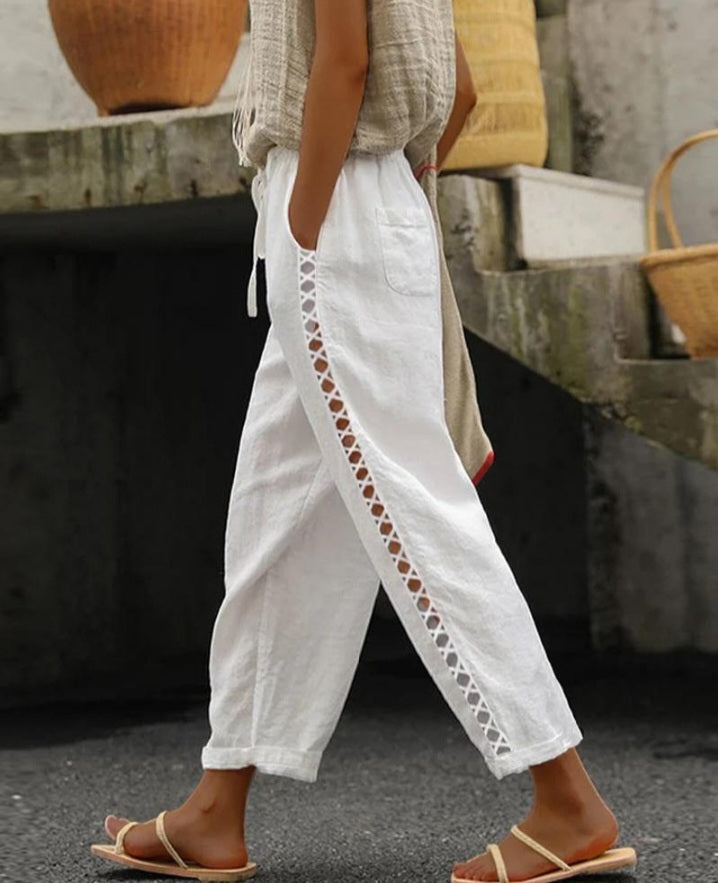 Premièrement : Ce Pantalon décontracté en dentelle à poches plaquée évidée Femme.