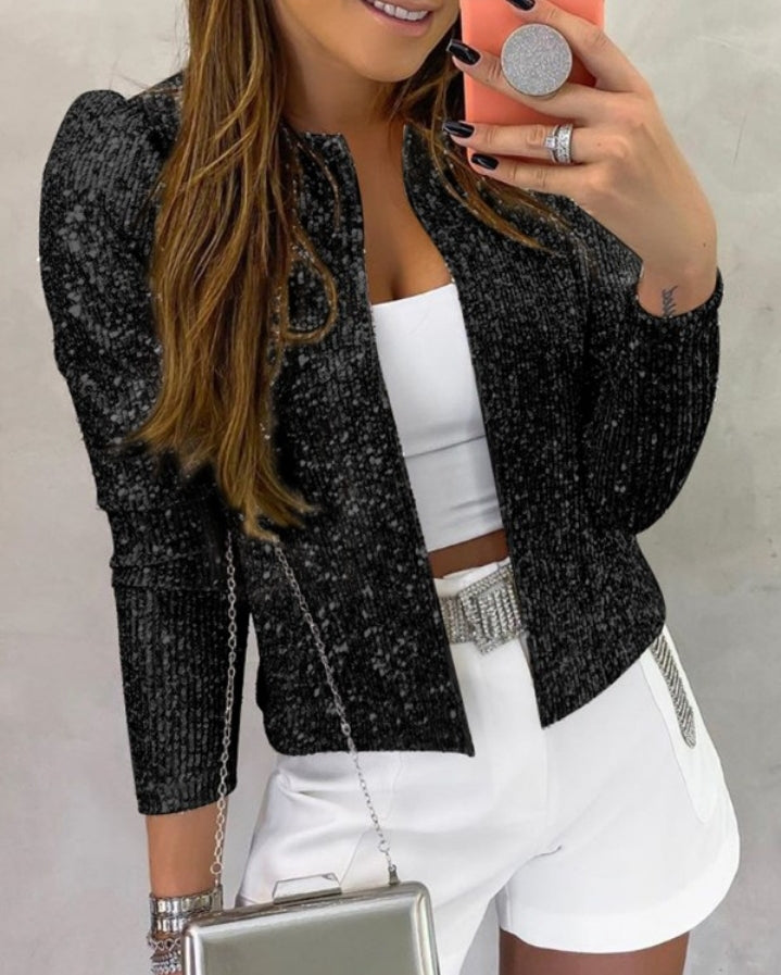 Premièrement : Brillez avec ce Manteau blazer à paillettes scintillantes, ouvert sur le devant , manches bouffantes femme.