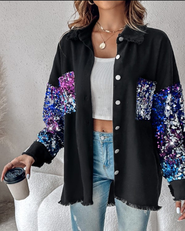 Premièrement : Apportez une touche d’éclat à votre look avec cette Veste décontractée à paillettes et patchwork à manches longues avec bouton sur le devant et ourlet brut femme 